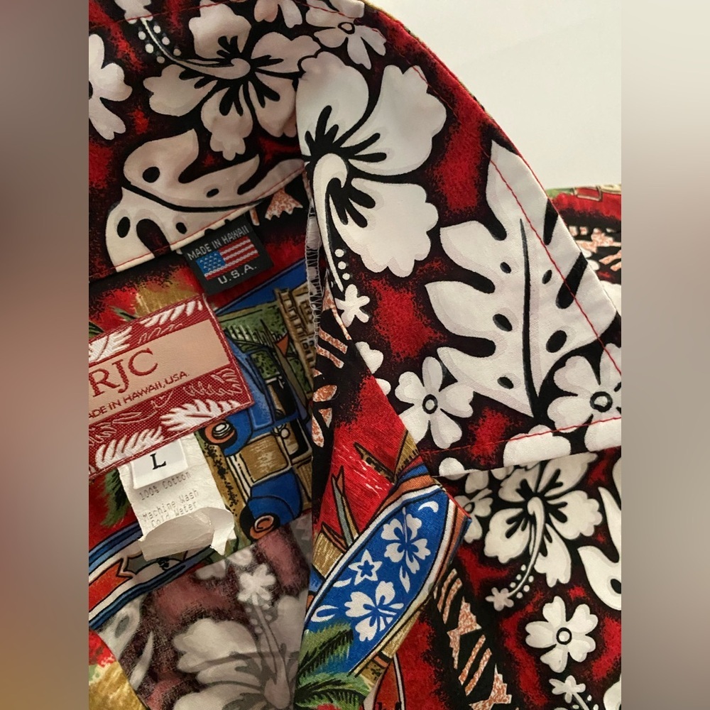 RJC Shirt Hawaiian Red White Hibiscus Flower Short Sleeve Cotton Large - Picture 8 of 11
